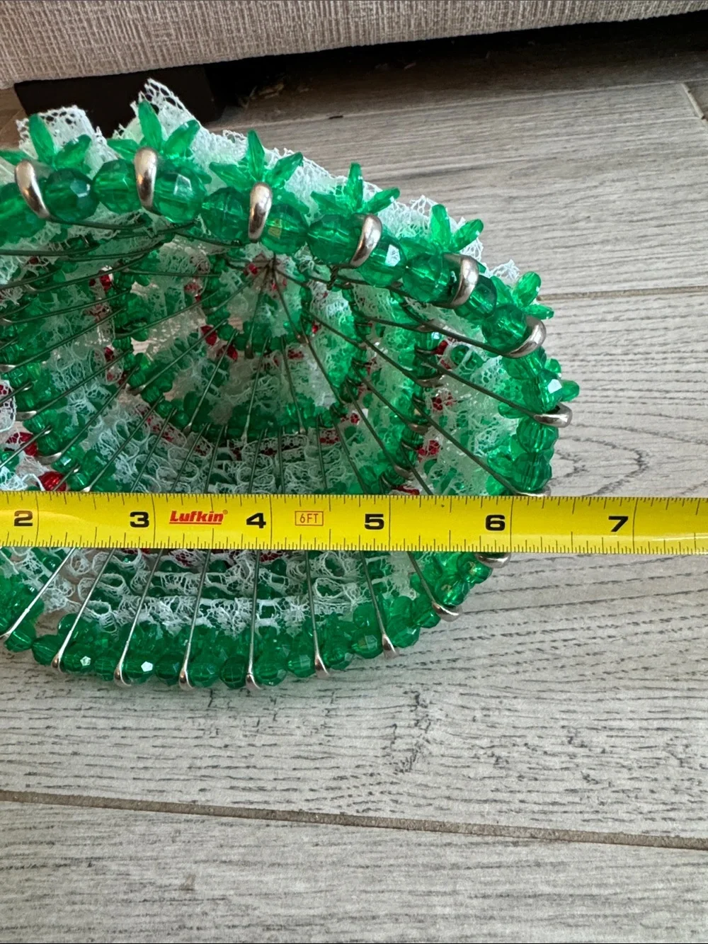 Handmade Safety Pin Green and White Holiday Tree Decor with Red Beads and lace